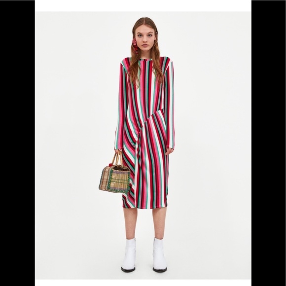 Zara Gathered Striped Ribbed midi dress pink green - Picture 3 of 8